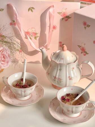 1 Set Pink Rabbit Print Cup And Saucer Set, Ins Style Feminine Afternoon Tea Dessert Cup And Saucer Set, Tea Party Cup And Saucer Set, Cute Coffee Cup And Saucer Set, Suitable For Dessert Shops, Cafes, Tea Houses