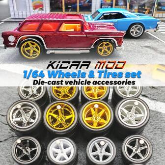  KicarMod 1/64 Wheels Rubber Tires Front Small Rear Big,D:11mm*13mm,Five-Pointed Star Spokes,Tyres For Diecast Model Toy Sports Muscle Car Modified Parts, Suitable For Model Enthusiasts With Certain Hands-On Ability