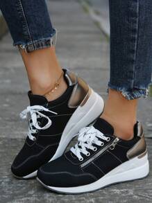 大码女式户外舒适拉链装饰楔形厚底运动鞋 - 黑色 - 查看 6