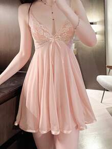 Sexy Lingerie Racy Sheer Minimalist Sexy Spaghetti Strap Nightgown - Pink - View 1