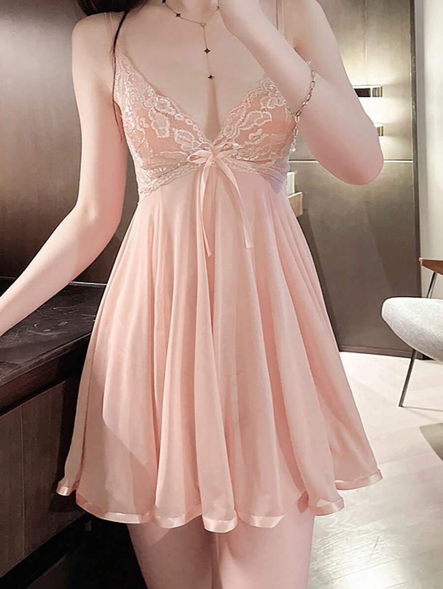 Sexy Lingerie Racy Sheer Minimalist Sexy Spaghetti Strap Nightgown - Pink - View 1