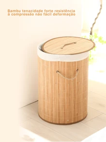 Natural Bamboo Dirty Clothes Storage Frame, Linen Lining With Lid, Portable - Circular - View 1