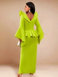 Váy ôm cổ chữ V tay chuông viền bèo nhún, váy dạ hội bán trang trọng thanh lịch, dự tiệc sinh nhật, tiệc cưới, tốt nghiệp, tiệc tối, dạ hội - màu xanh lá - Xem 2