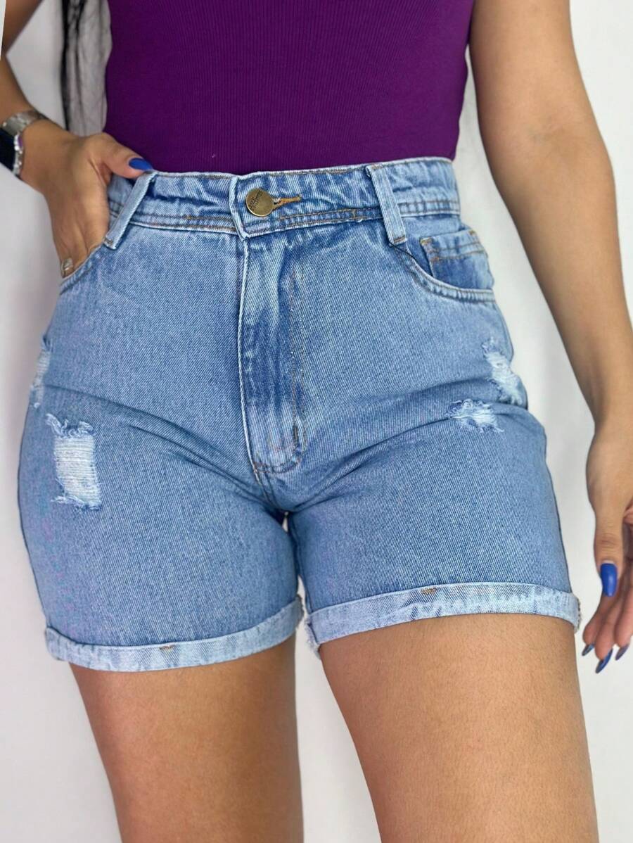 Short Mom Jeans, Plain And With Details - 淺色水洗藍 - 查看 1