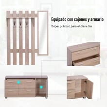 HOMCOM 3 EN 1 Conjunto de Muebles de Entrada Recibidor Pasillo Set de 3 Piezas Perchero Espejo Zapatero 2 Cajones Color Roble - Marrón - Ver 3
