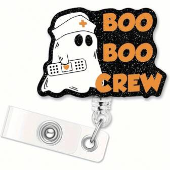1 件，万圣节护士徽章卷轴：Boo Boo Crew 可伸缩黑色闪光身份证夹带夹子 - 送给护士、医生和医务人员的完美礼物