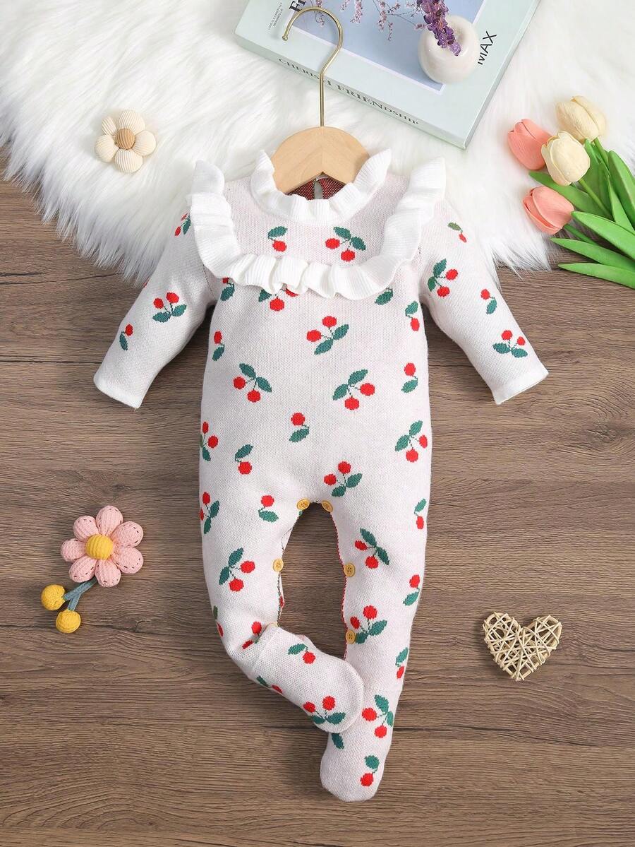 Baby Girls Cherry Pattern Ruffle Trim Long Sleeve Knit Romper