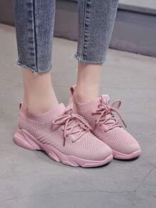 Zapatillas deportivas de mujer tejidas con mosca, zapatillas para correr de malla transpirable, zapatillas casuales ligeras y cómodas - Rosa - Ver 1