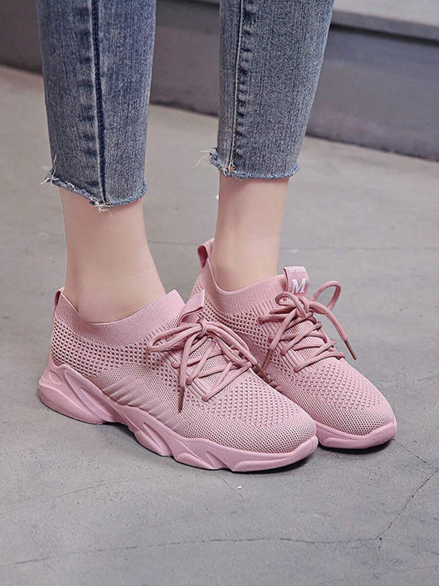 Zapatillas deportivas de mujer tejidas con mosca, zapatillas para correr de malla transpirable, zapatillas casuales ligeras y cómodas - Rosa - Ver 1