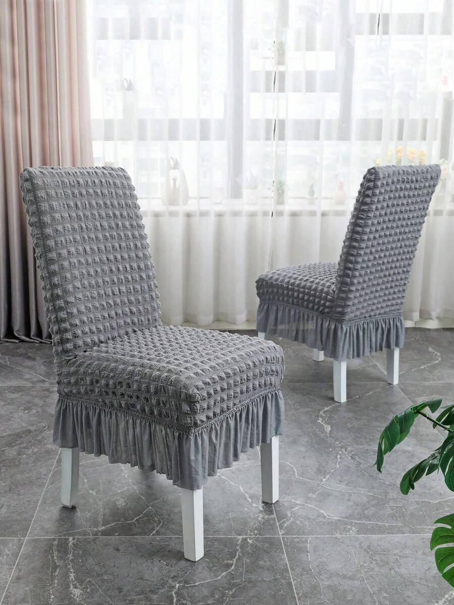 1pc Bubble Chiffon Chair Cover, Modern Ruffled Stretch Dining Room Chair Slipcover - Grey - View 1