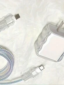 5pcs Minimalist Transparent Wave Protective Covers, Compatible With IPhone 14 Pro Max 18/20W Fast Charger, Anti-Fraying, Gift For Boyfriend/Girlfriend - Clear - View 5