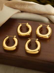 2 件简约优雅厚不锈钢半圆形耳环，不褪色、防过敏，适合女士