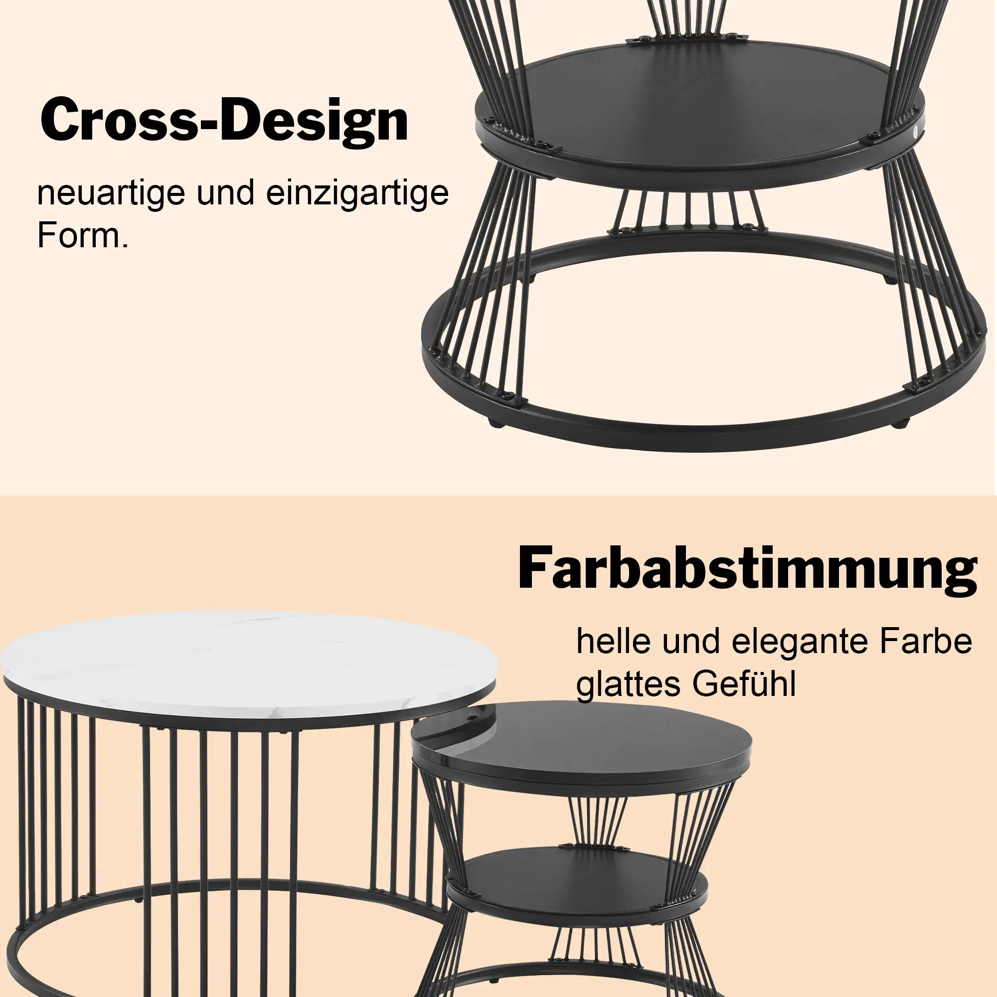 Modern Nesting Coffee Table With Wooden Top And Metal Base, Round Side Table For Living Room, Flat - Black and White - View 7