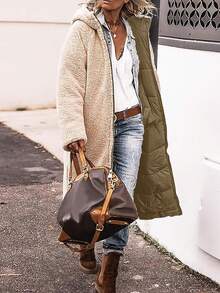 Women's Reversible Hooded Mid-Length Pockets Zipper Thick Jacket M0023 - Army Green - View 2