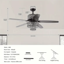 Quạt trần 5 cánh Farmhouse Dual Crystal Shade 52 inch có thể đảo ngược kèm bộ đèn và điều khiển từ xa 3 tốc độ (cao, trung bình, thấp) - Không bao gồm bóng đèn - Phích cắm loại C của EU (220-240V) - Xem 7