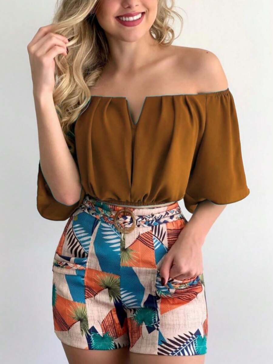 SHORT SLEEVE CROPPED SHOULDER V-NECKLINE - 咖啡棕 - 查看 1
