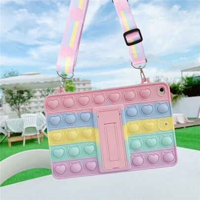 Apple Rainbow Heart Teddy Head Pom Pom Protective Case Compatible With IPad, Soft Silicone Tablet Cover, Galaxy A7 Lite Desktop Stand Holder 2024