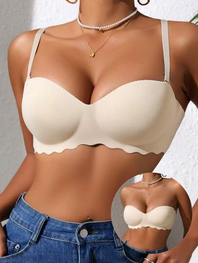 Women's Beige Small Chest Push UP Bras, Seamless & Wireless Bralette, Solid Color Simple Daily Wear Brassiere With Soft & Thick Palm Cup, Comfortable & Breathable Sexy Lingerie, Back Closure Sports Underwear With Adjustable & Detachable Shoulder Straps, Strapless & Backless Design For Party, Wedding Or Dresses