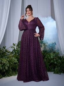 Plus Size V-Neck Embroidered Lace Sheer Long Sleeve Flare Hem High-End Evening Gown, Elegant Bridesmaid Dress - Purple - View 1