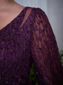 Plus Size V-Neck Embroidered Lace Sheer Long Sleeve Flare Hem High-End Evening Gown, Elegant Bridesmaid Dress - Purple - View 6