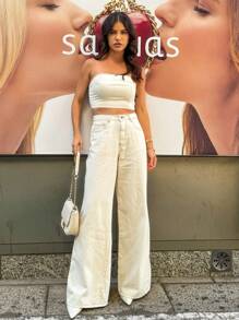 Women's Wide Leg Jeans Fashion High Waisted Trousers - 米色 - 查看 4