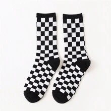 1 Pair Checkerboard Print Long Socks For Students, Unisex Casual Street Style Sports Knee High Socks For Fall & Spring - Multicolor - View 5