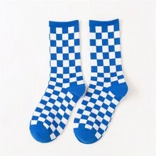 1 Pair Checkerboard Print Long Socks For Students, Unisex Casual Street Style Sports Knee High Socks For Fall & Spring - Multicolor - View 9