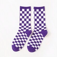 1 Pair Checkerboard Print Long Socks For Students, Unisex Casual Street Style Sports Knee High Socks For Fall & Spring - Multicolor - View 8