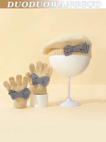 2 pièces / set : 2 pièces béret en tricot blanc pour enfants/tout-petits filles, béret d'artiste mignon, avec gants en acrylique tricoté, mode, élégant, populaire, pied-de-poule, décoration de nœud, , fin pour le début de l'hiver