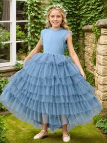 Tween Girls High-End Mesh Splice Sleeveless Dress, Flower Girl Wedding Party Long Layered Cake Skirt - Blue - View 4