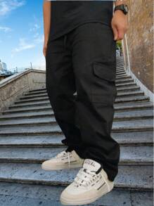 Men's Cargo Pants With 6 Pockets, Wide, Skate Pants, Drawstring Closure - Black - View 1