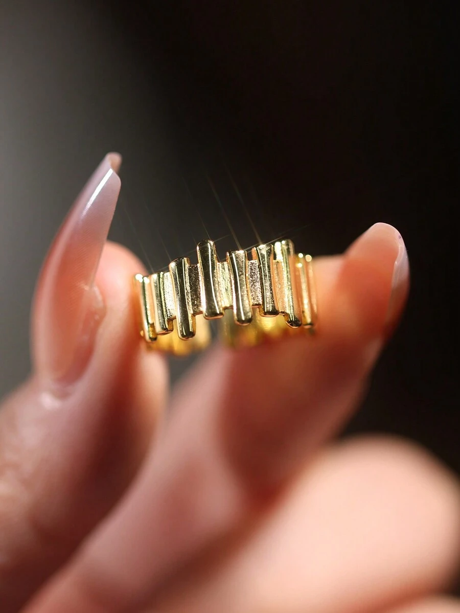 1 chiếc nhẫn hở bất đối xứng bằng bạc Sterling 925, nhẫn đeo tay thiết kế lưới tối giản theo phong cách Punk, có 2 màu, phù hợp cho nam và nữ đeo hàng ngày, phụ kiện tiệc cưới - Vàng - Xem 1