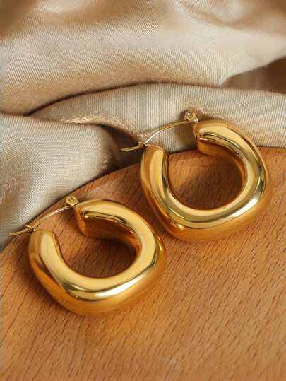 2 件简约优雅厚不锈钢半圆形耳环，不褪色、防过敏，适合女士