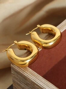 2 件简约优雅厚不锈钢半圆形耳环，不褪色、防过敏，适合女士