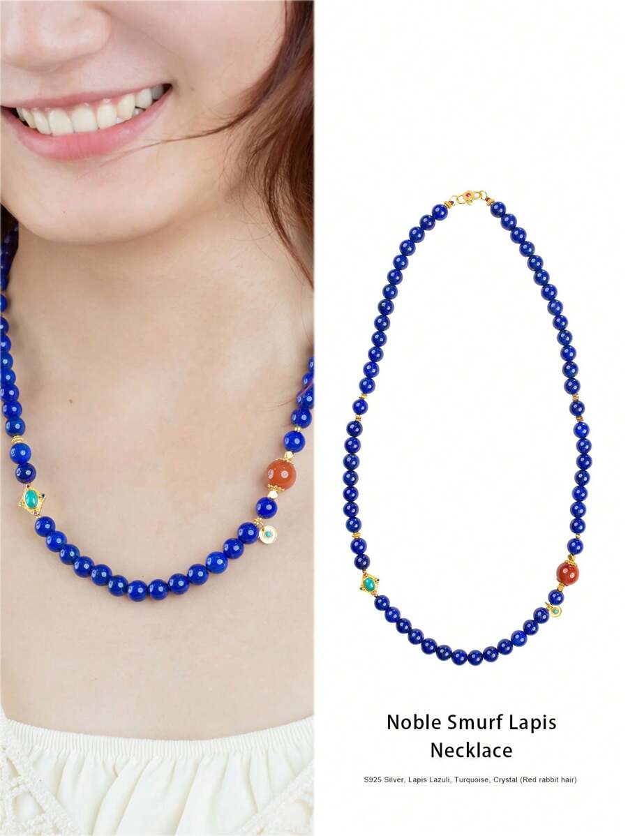VE [VE] 1 pièce de collier de perles de lapis-lazuli naturel de haute qualité en argent, décoré de cornaline et de turquoise. Chaque pierre présente une apparence majestueuse comme le ciel nocturne, symbolisant la sagesse et la sérénité. Le port de ce collier ajoute non seulement une touche de mystère, mais inspire également la paix intérieure et la force, mettant en valeur votre charme et votre goût uniques. Les couleurs des pierres précieuses naturelles sont sélectionnées de manière aléatoire.