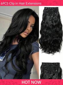 Extensiones de cabello de 20 pulgadas, negro, extensiones de cabello con clip, 6 piezas/set, extensiones de cabello suaves onduladas y rizadas, extensiones de cabello gruesas, extensiones de cabello con clip, postizos de cabello para mujeres, extensiones de cabello completas con clip, fibra sintética, perfectas para fiestas, bodas y glamour diario - Negro - Ver 2