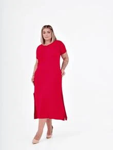 Plus Size Long V-Neck Dress With Pocket Summer Loose Light - Đỏ - Xem 7