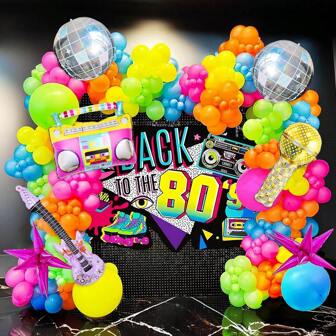 98 delar/set med 80-talsmusiktema ballonggirlang och båge, inkluderar discokula, gitarr, mikrofon, högtalare, radio, lila stjärnfolieballonger, knallrosa, blå, gröna, orange latexballonger för 80-, 90-talsdisco, rock, examen, karaoke, karnevaldekorationer, jul