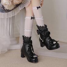 Kawaii Shoes For Women,Goth Lolita Platform Boots,Bow Ankle Boots Cute Sweet Cosplay Shoes - 黑色 - 查看 6