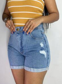 Short Mom Jeans, Plain And With Details - Medium Wash - View 3
