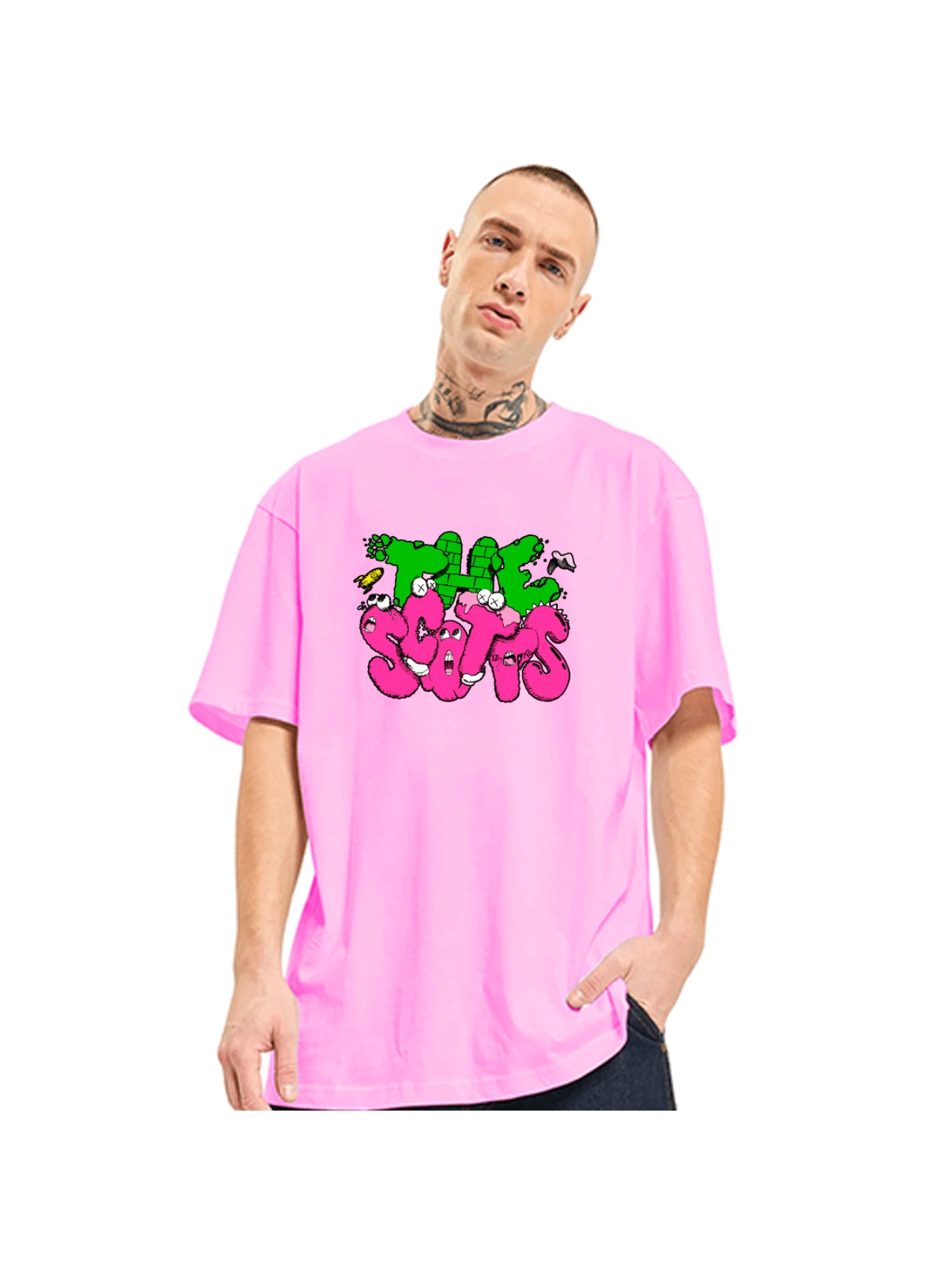 The Scotts Travi Scott Letter Oversized T-Shirt Unisex Clothing - 淺粉色 - 查看 1