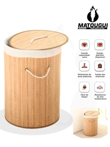 Natural Bamboo Dirty Clothes Storage Frame, Linen Lining With Lid, Portable - Circular - View 9