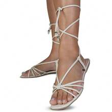 Women's Flat Sandals With Straps To Tie On The Legs, Gladiator Braided Knot Tie - Màu be - Xem 2