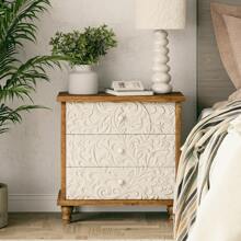 Farmhouse 3 Drawer Dresser With Embossed Flower Leaf Motif Front, Distressed Boho Nightstand, Almost Fully Assembled, Rustic, French Country, Weathered White, Natural & White, Black - Tủ quần áo 3 ngăn kéo White Leaf Front - Xem 7