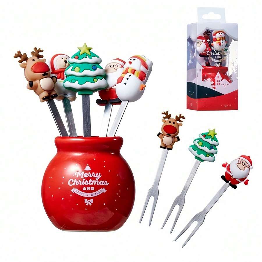 5PCS/SET Cartoon Cute Fruit Forks Christmas Silicone Salad Fork Reusable Fruit Fork Suitable For Bread Sticks, Merry Christmas