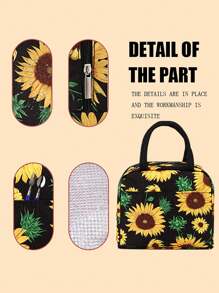 向日葵印花保温午餐袋手提铝箔午餐盒袋，适合户外野餐、工作、学校女士女士学校用品配件 - 黑色 - 查看 5