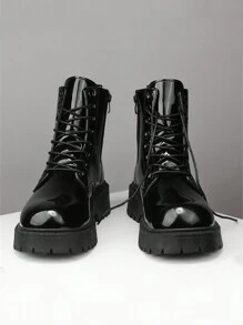 2024 Autumn/Winter New Arrivals, Holiday Edition, Special Offer - Plus Size Women Wide-Fitting Ankle Boots & Short Boots, Black Patent Leather Boots Runs Large, Oversized, Thick Bottom Couples High-Top Leather Riding Boots, Small & Large Sizes, Minimalist Slip-On Shoes, Unisex Casual Outdoor Sneakers, Business Work Shoes, Black Classic Formal Wedding Groom Shoes