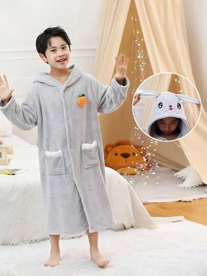 1 件儿童连帽浴袍，厚珊瑚绒兔子主题斗篷式浴巾，适合男孩女孩