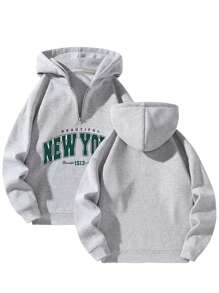 男士宽松印花拉链卫衣，秋冬季休闲穿着 - 淺灰色 - 查看 1