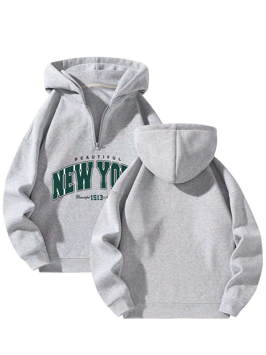 男士宽松印花拉链卫衣，秋冬季休闲穿着 - 淺灰色 - 查看 1